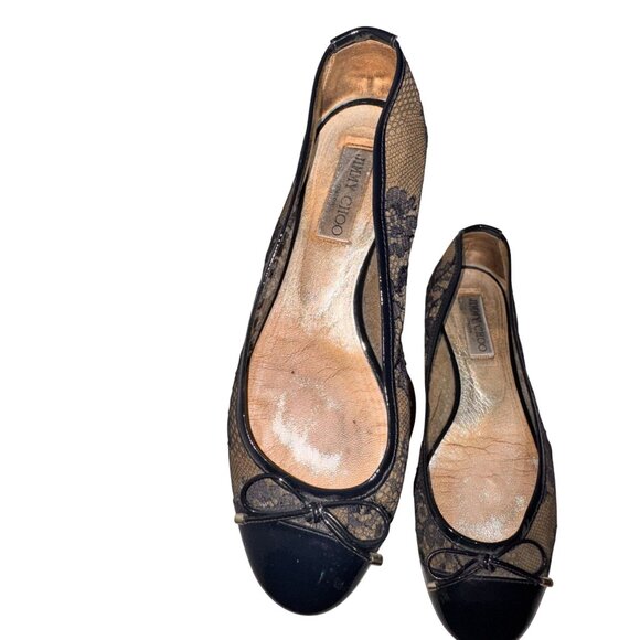 Jimmy Choo Navy Blue Lace Ballet Flats Patent Bow Detail - Picture 11 of 12